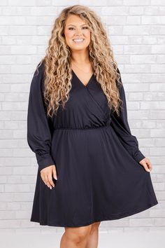 Chic Soul plus size clothing, black long sleeve v neck knee length dress with overlap fabric on chest and synched waist Flirty Style, Black Features, Model Fits, Neutral Color, Affordable Fashion, Neutral Colors, Savannah Chat, Dress Black, Plus Size Outfits