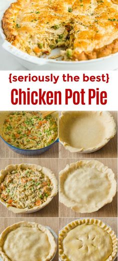 chicken pot pie is shown with four different pictures to show how it's made