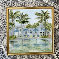 an oil painting of a tropical resort with palm trees