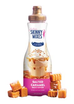 skinnyy mixes salted caramel snack toppings in a glass bottle next to it's wrapper