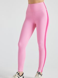 DESCRIPTION Designed to hold up to your highest intensity workout, the double faced waistband holds you in and stays put. The thick racer stripes along both legs add a dynamic flare to your favorite leggings. FABRICATION & CARE Body: 76% Nylon/ 24% Spandex Ultra-versatile rib fabric Soft & super comfortable Lig Pink Yarrow, Favorite Leggings, Color Block Leggings, Rib Fabric, Back Bag, High Intensity Workout, Hold Ups, Ribbed Fabric, Lay Flat