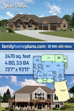 two story house plan with 2 beds, 3 baths and an open floor plan in the front