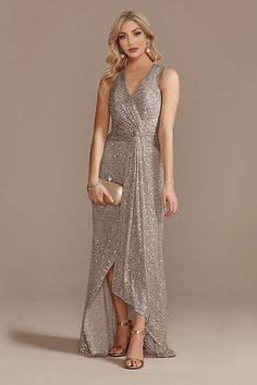 Silver Sleeveless Evening Dress For Summer, Silver Sleeveless Summer Evening Dress, Sleeveless Sequin Bridesmaid Dresses, Chic Silver Sleeveless Maxi Dress, Chic Sleeveless Silver Maxi Dress, Sleeveless Sequin Bridesmaid Maxi Dress, Sleeveless Bridesmaid Maxi Dress For Party Season, Sleeveless Mini Dress For Party Season, Glamorous Sleeveless V-neck Cocktail Dress