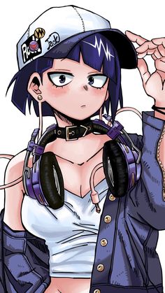 an anime character with headphones and a baseball cap on, posing for the camera