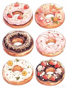 four donuts with different toppings are shown in this drawing style, including strawberry and chocolate