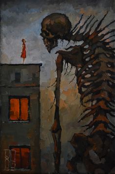 a painting of a person standing on top of a building next to a giant skeleton