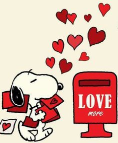 a snoopy dog is sitting in front of a mailbox with hearts coming out of it