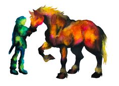 a person standing next to a horse with it's head on another horse that is painted multicolored