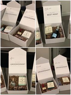 four different boxes with various types of chocolates in them