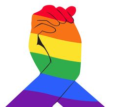 a person's hand holding a rainbow flag in the shape of a fist royalty illustration