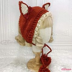 Qteee - Charming Feline-Inspired Lace Lolita Hat for Cozy Comfort Cute Red Winter Hat, Red Knitted Cotton Hat, Red Cotton Knitted Hats, Cute Beanie Hats For Fall, Cute One-size Knitted Bonnet, Cute Brown Hat For Fall, Cute Fall Hats, One Size Fits Most, Cute Cotton Bonnet For Winter, Cute Fall Hat, One Size Fits Most