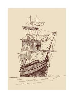 a drawing of a sailing ship in the ocean with sails down and two masts