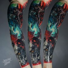 the legs are covered with tattoos and designs