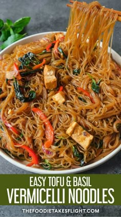 easy tofu and basil vermicelli noodles in a white bowl with chopsticks