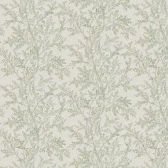 a white wallpaper with green leaves on it