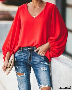 Olivia Mark - Loose-Fit Casual Chiffon Blouse with Lantern Sleeves Casual Chiffon Blouse, Long Sleeve Loose Blouse, Lantern Sleeved Blouses, Loose Blouse, Solid Clothes, Loose Tops, Lantern Sleeve, V Neck Blouse, Plus Size Blouses