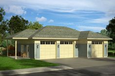 a three car garage with two windows on the top and one door open to let in light