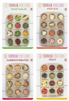 four different types of food in trays on a white table with the words toddler portions written below them