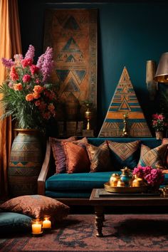 mmerse yourself in the warm embrace of this enchanting Egyptian-inspired lounge that whispers tales of ancient wonders. The deep teal walls set a mystic backdrop, while the awe-inspiring golden pyramid motifs and artifacts transport you to the heart of the Nile Valley. Sink into the plush turquoise sofa, adorned with an abundance of ornate cushions in rich earthy hues, beckoning for cozy moments Bedroom Inspirations Dark Wood, Egyptian Bedroom, Moroccan Wall Decor, Living Room Plants Decor, Turquoise Sofa, Dark Boho Living Room, Egyptian Home Decor, Moroccan Living Room, Egyptian Inspired