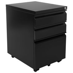 a black filing cabinet with three drawers and wheels on the bottom, in front of a white background