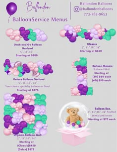 the balloons service menu is displayed in purple, green and pink colors with an image of a teddy bear