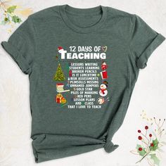 "Teacher Christmas shirt,12 Days of Teaching Christmas Shirt, Teacher Holiday tee, Teacher Life shirt, Christmas Gift Teacher, Teaching Shirt Hello, Thanks for your support. Your gladness comes first and all work is done with LOVE in here. Always keep your support, please:)  12 Days of Teaching Shirts are branded Bella+Canvas.   12 Days of Teaching Shirt Contents: - Solid colors: %100 Cotton. - Heather colors: %52 Cotton + %48 Polyester* This ultra-soft graphic tee is made from a comfortable cotton-poly blend that is breathable, non-shrinking, and lasts longer than your average graphic shirt. HOW TO ORDER YOUR 12 DAYS OF Teaching SHIRT -Please, Check and Review all 12 Days of TeacherShirt Photos. -Select Your 12 Days of Teaching T-Shirt Size and 12 Days of Teaching T-Shirt Color from drop- Christmas Shirts For Teacher, Teacher Shirts Christmas, Holiday Teacher Shirts, Christmas Teacher Shirts, Teacher Christmas Shirts, Teacher Costumes, Christmas Teaching, Soft Graphic, Teacher Teaching