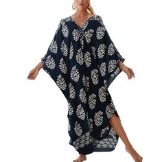 Navy Blue Print Long Kinimo Beachwear Casual Blue Kaftan, Plus Size Swim Coverups, Resort Dress, Navy Blue Print, Swim Cover Up Dress, Beachwear Swimwear, Pretty Bras, Plus Size Swim, Resort Dresses