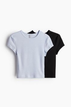 Short  fitted T-shirts in soft cotton jersey with narrow trim at neckline. Blue Black, Black Women, White And Black, H&m, Light Blue, Trim, T Shirts, T Shirt, Blue