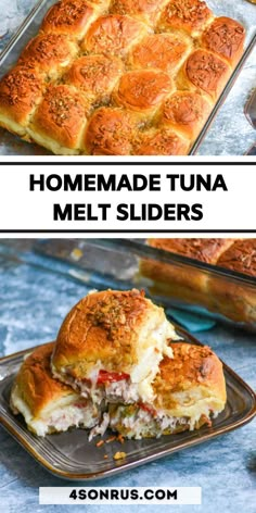 homemade tuna melt sliders with text overlay