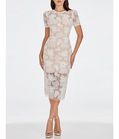 Dress the Population Lia Floral Mesh Crew Neck Short Sleeve Midi Dress | Dillard's Fitted Midi Dress With Floral Applique For Wedding, Spring Formal Sheer Midi Dress, Formal Sheer Midi Dress For Spring, Evening Knee-length Dress With Illusion Neckline, Elegant Midi Dress With Floral Applique, Elegant Formal Midi Dress With Floral Applique, Sheer Bodycon Evening Dresses, Elegant Fitted Floral Applique Dress, Elegant Fitted Dress With Floral Applique