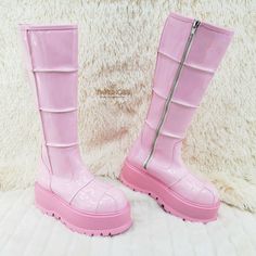 Demonia In House Stock | Totally Wicked Footwear Patent Knee High Boots, Pretty Savage, Cute Shoes Heels, Pastel Fashion, You Are Important, Aesthetic Shoes, Foot Bed, Goth Punk, J Fashion