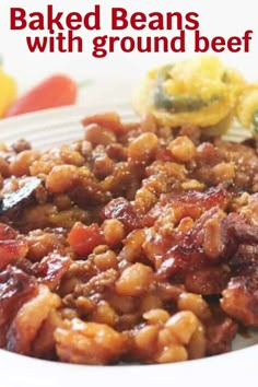 baked bean casserole on a white plate with the words baked bean casserole above it