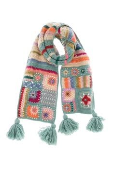 a multicolored knitted scarf with tassels