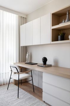 a white desk and chair in a room