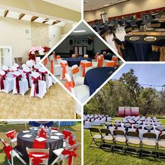 several different pictures of chairs and tables with red bows on them, one is black, the other is white