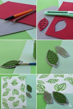 four photos showing how to make leaf cut outs