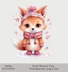 a pink winter fox is wearing a hat and scarf with stars around it, while sitting on the ground