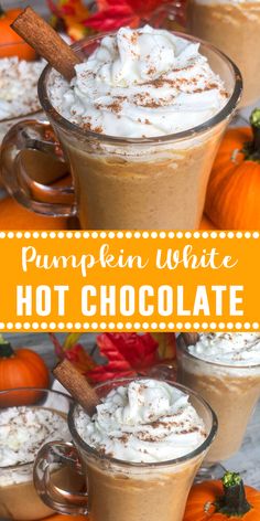 pumpkin white hot chocolate is garnished with whipped cream and cinnamon in two mugs