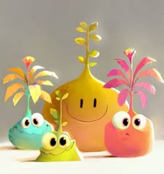 three cartoon plants with eyes and leaves in front of a gray background, one is smiling at the camera