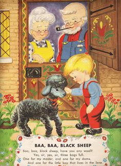 an advertisement for baa baa black sheep with two children and a dog in front