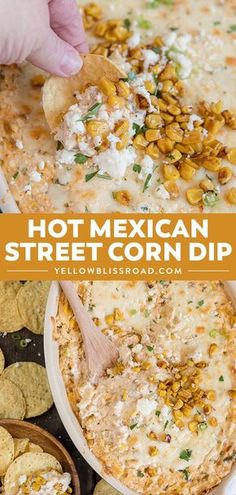 mexican street corn dip with tortilla chips in the background and text overlay that reads, hot mexican street corn dip