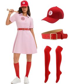 a woman in a pink dress and red hat holding a baseball bat next to other items