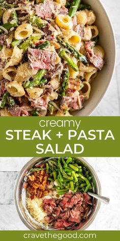 creamy steak and pasta salad with asparagus in a bowl