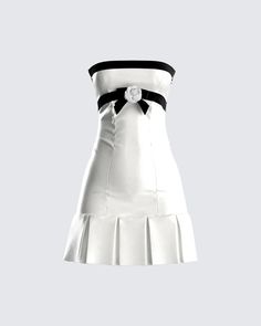 A classy look that is also sassy > 😍 Give everyone a reminder that you are top tier in this white strapless mini dress. Complete with a contrast trim, rosette trim, zipper at the side seam, and pleat details  🤍 Aestheitc White Dress, Cute White Dresses For Party, Short White Glam Dress, White And Blaxk Dress, Tight And Short White Dress, Little White Dress Formal, Teen Mini Dress Party, White Dress Short Dress, Luxury White Dance Dresses