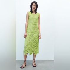 Zara Macram Knit Dress Beautiful Green Knit Midi Dress For Spring, Spring Green Lace Midi Dress, Casual Lace Crochet Dress, Chic Lace Dress With Crochet Details, Spring Green Crochet Lace Dress, Elegant Spring Crochet Dresses, Elegant Crochet Dresses For Spring, Spring Lace Crochet Midi Dress, Chic Green Lace Dress For Summer