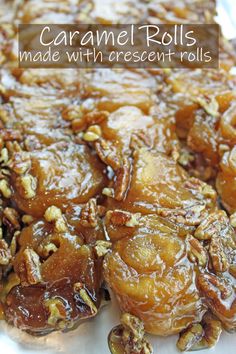 caramel rolls made with crescent rolls and pecans on a white platter for dessert