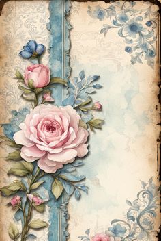 an old fashioned card with pink roses and blue flowers on it's border,