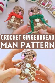 crochet gingerbread man pattern with hands holding it up to the camera and text overlay that reads, crochet gingerbread man pattern