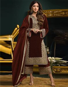 Designer Party Wear Salwar Suit Collection Maroon Velvet Pant Straight Front View Velvet Salwar Suit, Velvet Salwar, Velvet Palazzo, Maroon Dupatta, Traditional Party Wear, Velvet Dupatta, Party Wear Salwar, Purple Bottom, Suit Collection