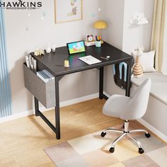 a desk with a laptop on it in a room